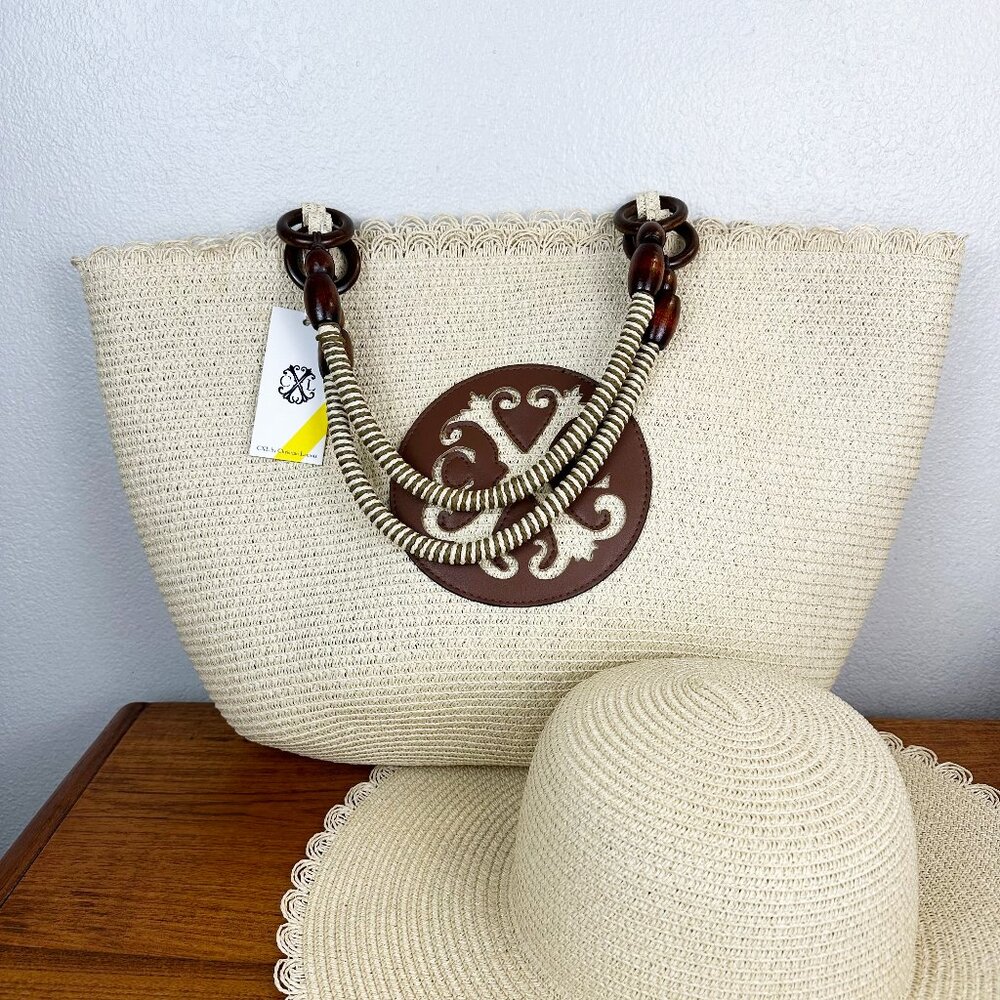 CXL by Christian Lacroix NEW Paloma Straw Tote Zipper Bag Hat Set Natural Beach